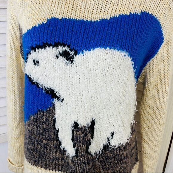 Pins & Needles Fuzzy Polar Bear Sweater Beige Blue Medium Crew Neck - Picture 6 of 13
